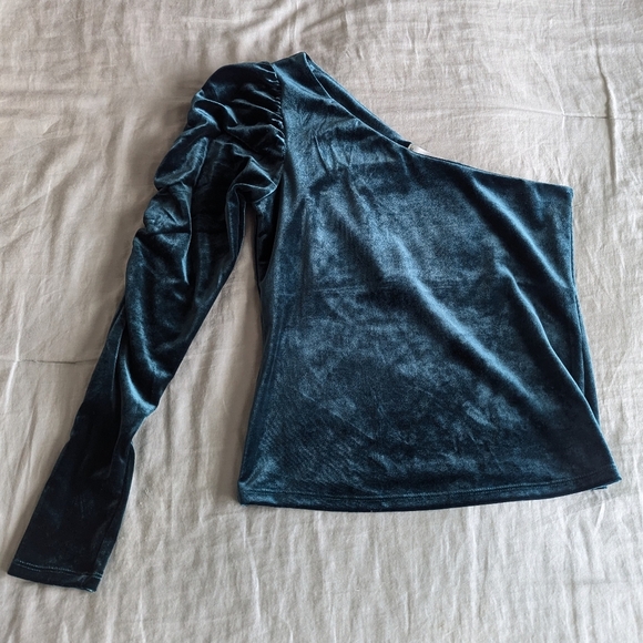 Mango Dark Green One Shoulder Velvet Top sz S - Picture 1 of 4